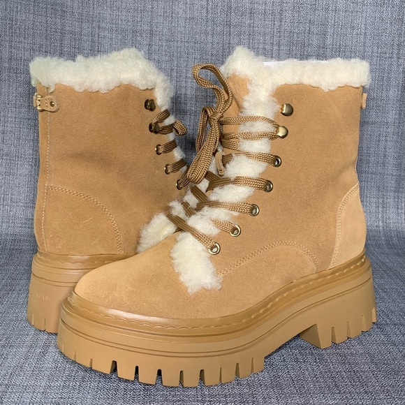 Sam Edelman Kyler 2 Caramel Suede Faux Shearling Combat Boots - Picture 2 of 7